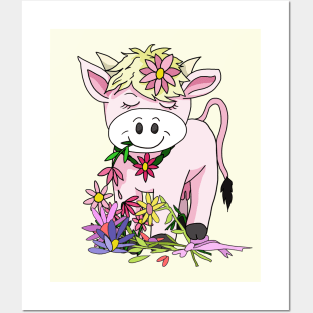 kawaii cow standing in pretty flowers Posters and Art